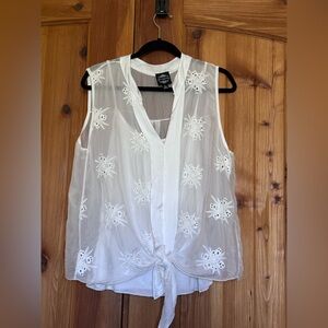 NWOT Le Marais Paris White Silk Sheer Embroidered Tie-Front Top